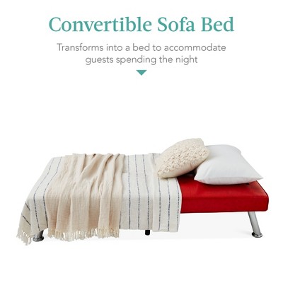 Red Faux Leather Convertible Sleeper Sofa with Cup Holders