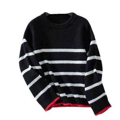 Women Crew Neck Striped Knitted Oversized Long Sleeve Pullover Sweater Tops