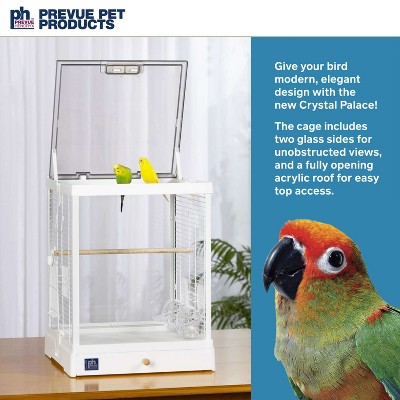 White Coated Metal Glass Bird Cage with Frosted Acrylic Roof
