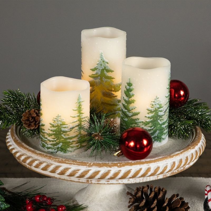 Northlight Set of 3 Flameless Frosted Pines Flickering LED Christmas Wax Pillar Candles 6", 3 of 7