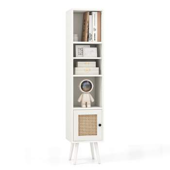 Tangkula Slim Tall Rattan Storage Cabinet Boho Accent Bookshelf w/ Rattan Door 12-Position Adjustable Shelf & Solid Wood Legs Black/Gray/White