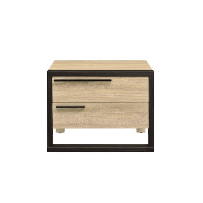 Erasto Oak and Black Wood Metal Accent Table with Storage