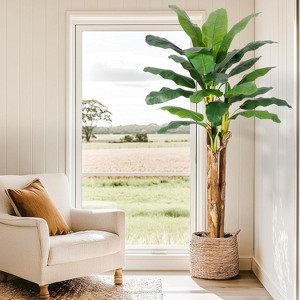 Artificial Banana Tree, Fake Banana Leaf Plants with Grey Planter, Faux Silk Tree for Home Indoor Outdoor Patio Tropical Decor - 1 of 4