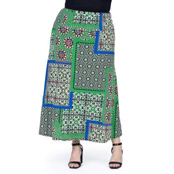 24seven Comfort Apparel Green Scarf Print Plus Size  Elastic Waist Ankle Length Comfortable Maxi Skirt