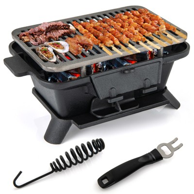 Tangkula 100% Cast Iron Charcoal Grill Portable Hibachi Grill with Grill and Grate Hooks Tabletop Japanese BBQ Grill Black