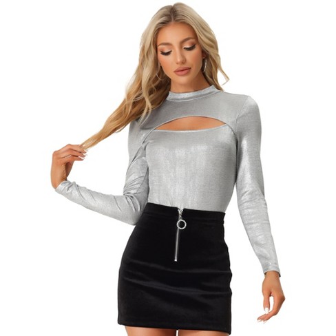 Allegra K Women's Mock Neck Long Sleeve Cutout Glitter Party Top Silver  Large