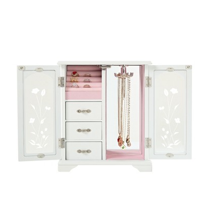 Stufurhome Solid Wooden Jewelry Box with 3-Drawers Built-in Necklace Carousel and Mirror Brown