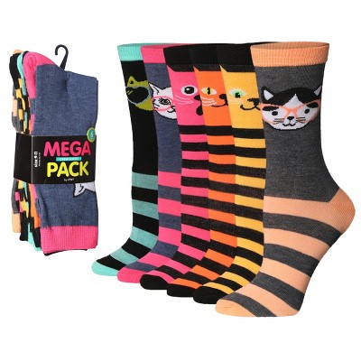 Tipi Toe Women's 6 Pairs Lightweight Colorful Meow Stripes Patterned Crew Socks