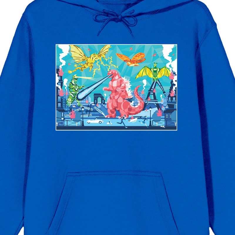 Godzilla Classic Pink Godzilla & Flying Dinosaurs Long Sleeve Royal Blue Adult Hooded Sweatshirt, 2 of 4