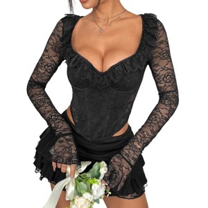 Women Mesh Top Lace Crop Top Long Sleeve Sheer BlouseMesh Shirts Sexy Going Out Tops Summer Outfits - 1 of 4