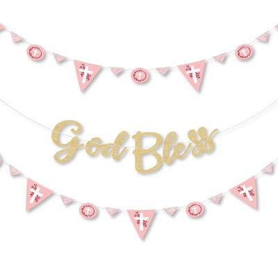 Big Dot of Happiness Pink Elegant Cross - Girl Party Letter Banner Decor - 36 Banner Cutouts and No-Mess Real Gold Glitter God Bless Banner Letters