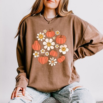 Simply Sage Market Women's Lightweight Garment Dyed Graphic Sweatshirt Circle Pumpkin Flowers
