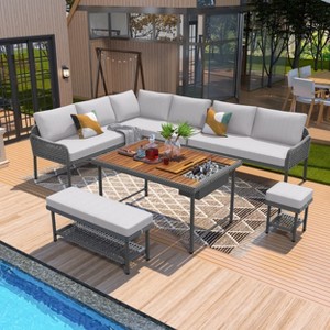 6-Piece Rope Patio Furniture Set with Acacia Wood Table and Ice Box, Outdoor L-Shaped Sectional Sofa with Thick Cushions, Beige/Gray - ModernLuxe - 1 of 4