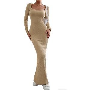 Women's Square Neck Ribbed Knit Long Sleeve Bodycon Maxi Dress Casual Formal Wear - 1 of 4