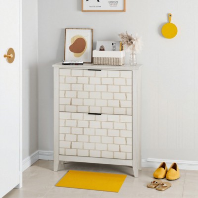 SKRAN 31.5 Inch Retro White Shoe Storage Cabinet,Mid-Century Vintage Freestanding Shoe Cabinet,Shoe Cabinet with 2 Flip Drawers, Suitable for Hallway