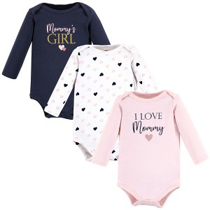 Hudson Baby Infant Girl Cotton Long-Sleeve Bodysuits, Girl Mommy Pink Navy 3-Pack - 1 of 4