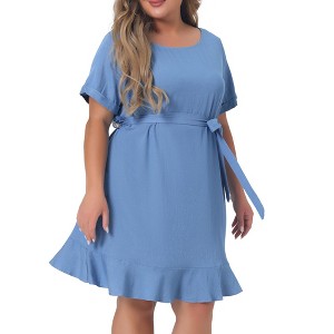 Agnes Orinda Women's Plus Size Belt Waist Ruffle Hem Chambray Shirt Dress - 1 of 4