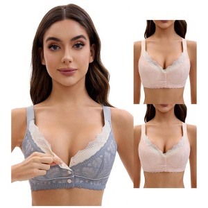 INSPIRE CHIC Front Closure for Women's Lace Full Coverage V Neck Wirefree Adjustable Straps Bras 3 Packs - 1 of 4