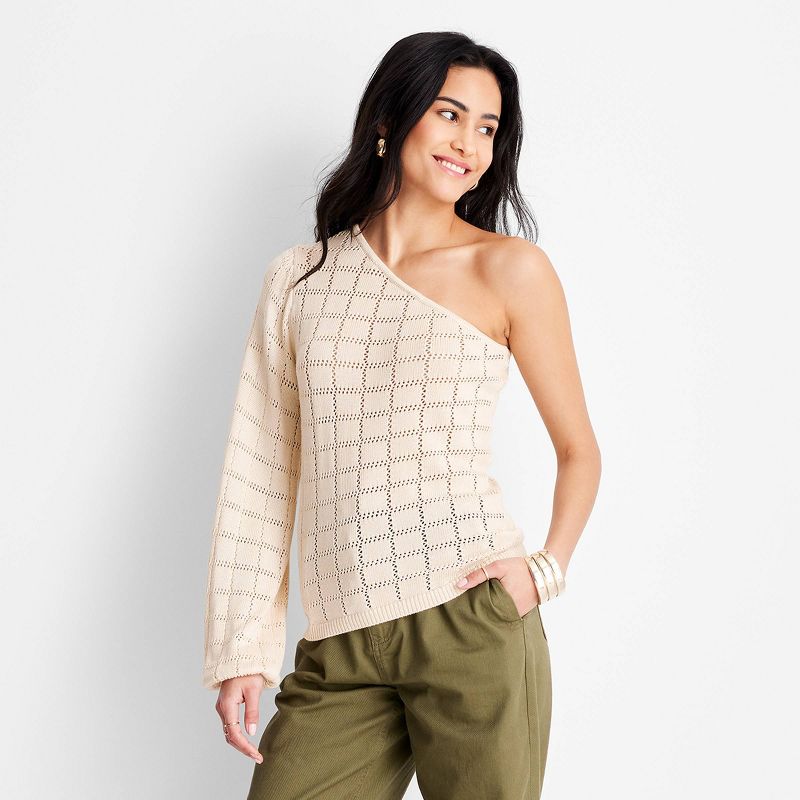 Women's Asymmetrical One Shoulder Checkered Sweater - Future Collective™ with Jenny K. Lopez Cream, 1 of 4