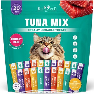 Beloved Pets Creamy Lickable Cat Treats & Wet Squeeze Tubes – Tuna Mix, Liquid Cat Snacks, Urinary Care, Multivitamin Treats - 20 Sticks - 1 of 4