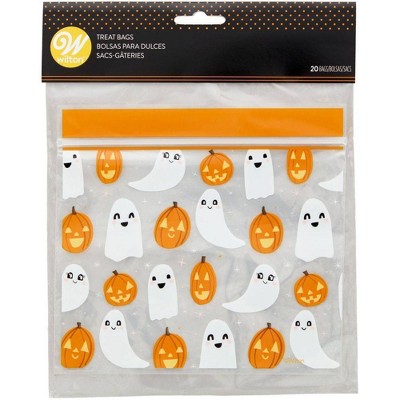 Wilton 20ct Ghost Resealable Favor Bags: Halloween Party Treat Bags, Multicolored Ghost & Pumpkin Design, Plastic, 9.25" x 7.6"