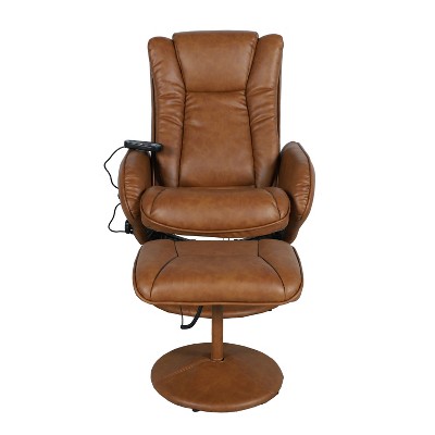 Brown Faux Leather Massaging Recliner with Ottoman and Metal Base