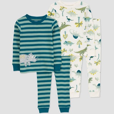 Image of Carter's Just One You®️ Toddler Boys' 4pc Snug Fit Cotton Long Sleeve Stripe Dino Pajama Set - Green 2T