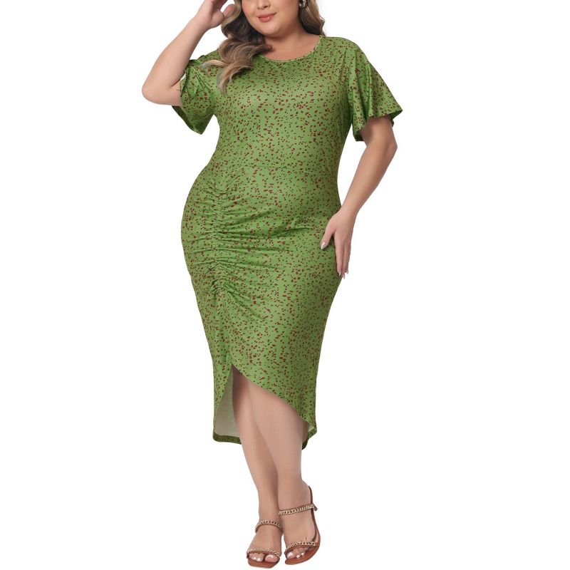 Agnes Orinda Women's Plus Size Polka Dots Ruched Round Neck Short Sleeve Cocktail Bodycon Dresses, 2 of 5