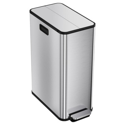 14.8 Gallon / 50L Kitchen Trash Can with Wing Lid, 2 x 7.4Gal Dual Compartments Slim Stainless Steel Garbage Can
