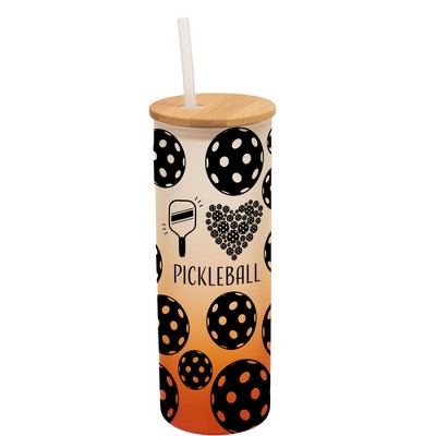 Elanze Designs I Love Pickleball Paddle Ball Sport Wrap-Around Design 25 Ounce Frosted Gradient Glass On-The-Go Coffee Travel Skinny Tumbler Mug Cup,