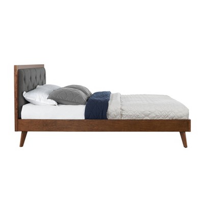 Elegant Walnut Queen Platform Bed with Tufted Gray Upholstery