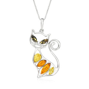 Ross-Simons Multicolored Amber Cat Pendant Necklace in Sterling Silver - 1 of 4