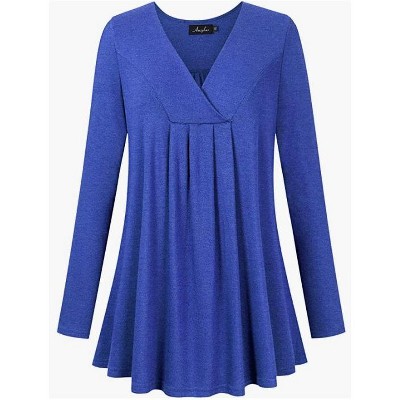 Women's Plus Size Long Sleeve V Neck Tunic Tops Pleated Solid Tee Shirt Causal Loose Blouse, Royal Blue, 4XL
