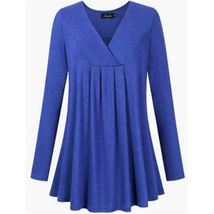 Women's Plus Size Long Sleeve V Neck Tunic Tops Pleated Solid Tee Shirt Causal Loose Blouse, Royal Blue, 4XL - 1 of 4