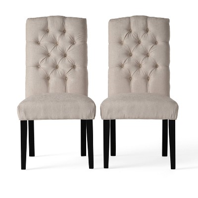 Ivory Linen Upholstered Dining Chairs with Solid Wood Legs, Set of 2