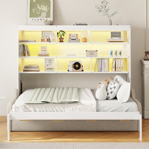 Full/Queen Size Murphy Bed with Folding Sofa, LED Foldable Bed Space Saving Hidden Wall Bed with Built-in Storage Shelves, Beige - ModernLuxe - 1 of 4