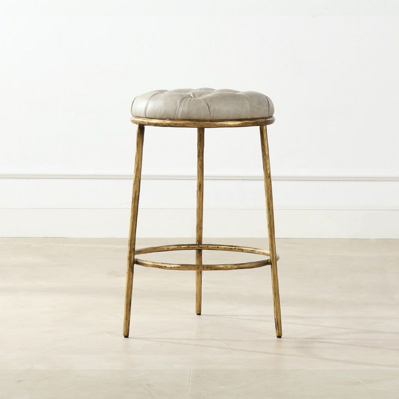 Jennifer Taylor Home Aerin 26 inch Hammered Brass Backless Round Bar Stool, Warm Gray Faux Leather, 3 of 4