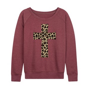 Women's - Instant Message - Leopard Print Cross Lightweight French Terry Wide Neck Long Sleeve Graphic Shirt - 1 of 4