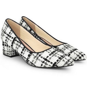 Allegra K Women's Pointy Toe Tweed Plaid Knitted Print Chunky Heels Pumps - 1 of 4