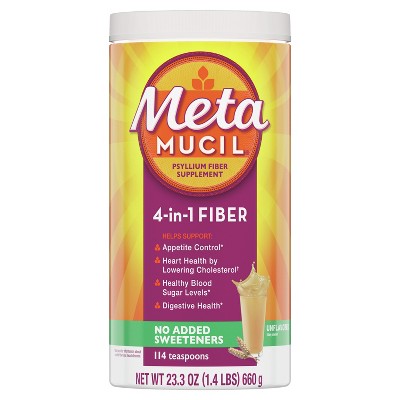 Metamucil, Daily Psyllium Husk Powder Supplement, Sugar-Free Powder, 4-in-1 Fiber for Digestive Health, No Added Sweetener, 114 teaspoons