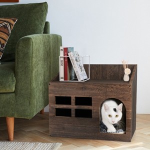Artloge Rustic Wood Cat House Pet Dog Puppy Bed Platform Cat Litter Box Enclosure Furniture Shelter Cabinet Nightstand Pet Crate - 1 of 4