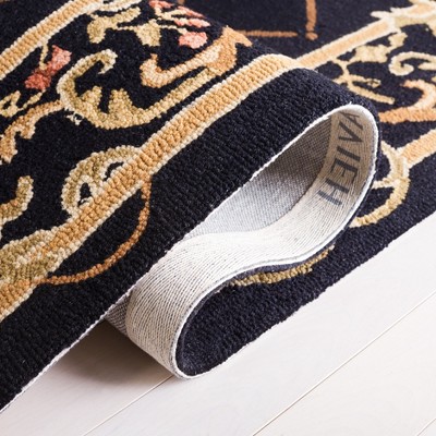 Black Floral Hand-Hooked Wool Runner Rug