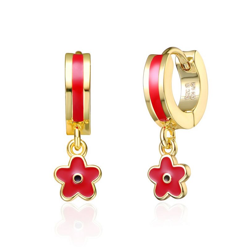 14k Yellow Gold Plated Red Enamel Dangle Flower Earrings for Kids, 2 of 4