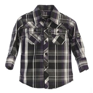 Gioberti Boy's Long Sleeve Roll Up Black / Purple Plaid Checked Shirt, Size 2T - 1 of 3