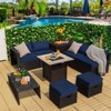 Tangkula 9 Pieces Outdoor PE Rattan Wicker Sectional Sofa with 42" Gas Fire Pit Table Space-Saving Patio Conversation Set with Storage Box Black/Grey/Navy/Red/Turquoise/Off White - 3 of 4