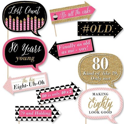 Big Dot of Happiness Funny Chic 80th Birthday - Pink, Black and Gold - Birthday Party Photo Booth Props Kit - 10 Piece