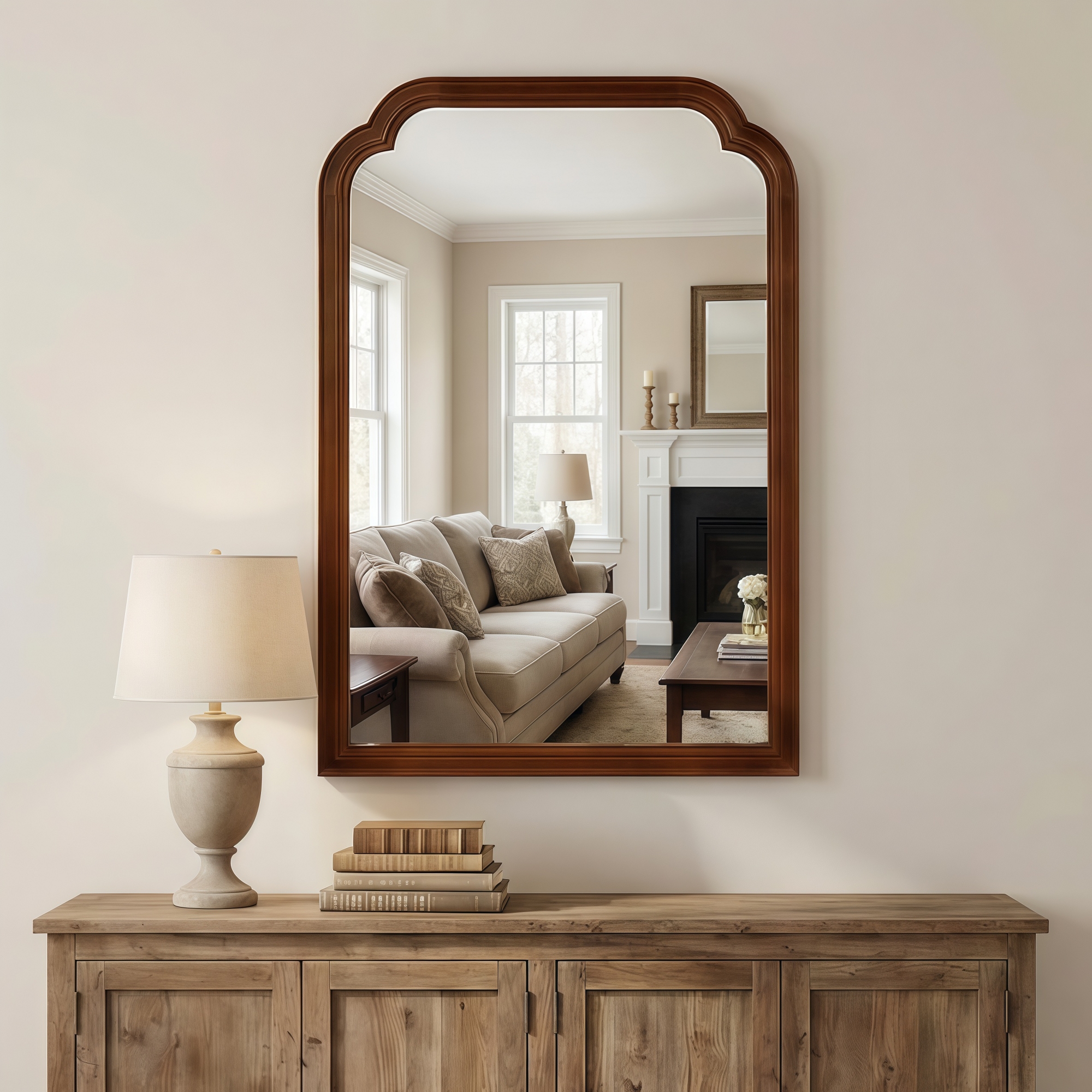 GDFStudio Orvina French Country Rounded Corner Decorative Mirror, Walnut Wood, 20"x30"