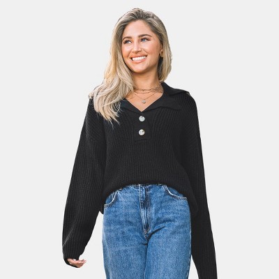 Women's Chic Notched Lapel Effortless Cozy Style Knit Sweater Top - Cupshe