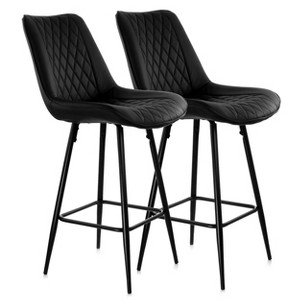 Elama 2 Piece Diamond Stitched Faux Leather Bar Chair in Black with Metal Legs - 1 of 4
