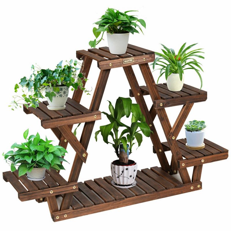 Costway Wood Plant Stand Triangular Shelf 6 Pots Flower Shelf Storage Rack Plant Holder, 5 of 13